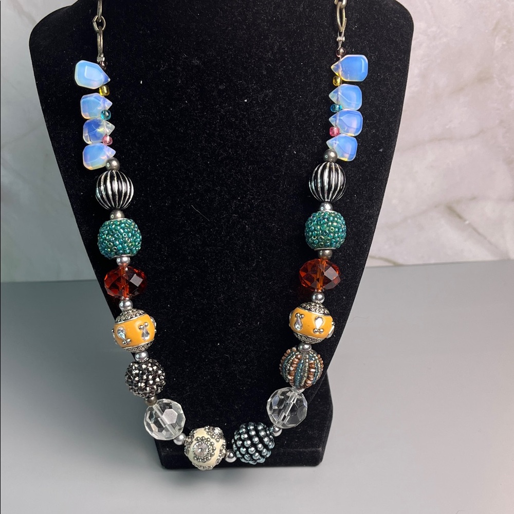 Artisan Beaded Necklace with Blue, Orange, and Silver Accents
